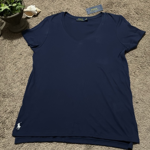 NWT Ralph Lauren Polo Short Sleeve T-Cotton Sz m-Navy-Notched Side Hem-V Neck - Picture 11 of 16